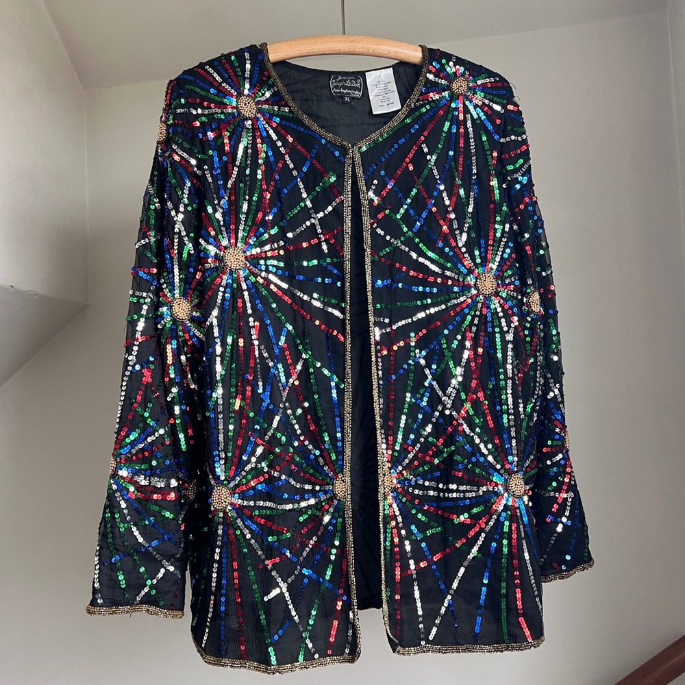 Vintage Sequin Silk Jacket XL Black Multicolor Firework Beaded Open Front Blazer
